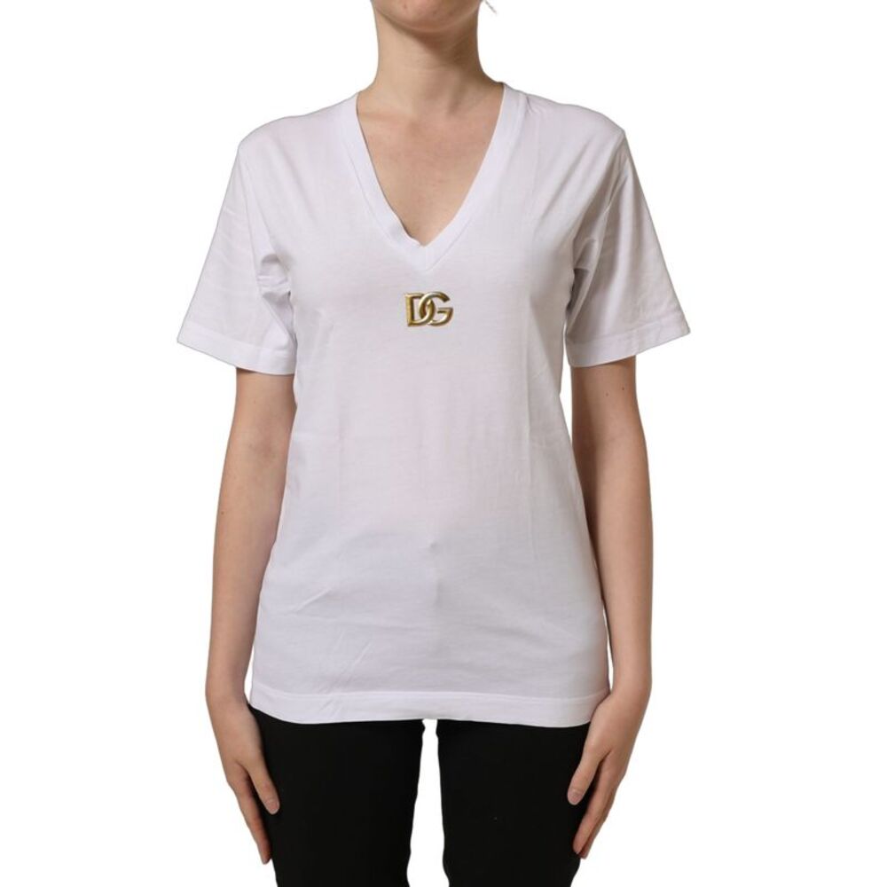 Dolce & Gabbana White Cotton Gold DG Logo V-Neck Women's T-shirt